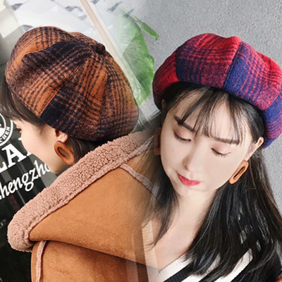 taobao agent ● Orangutan ● Soft girl chocolate warm winter cashmere octagonal buds-contrasting color pumpkin jk uniform hat