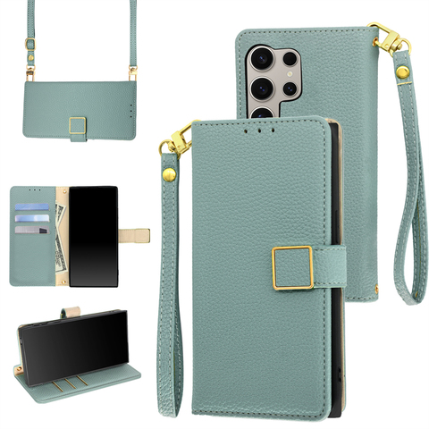 Gray Synthetic Leather Wallet with Lanyard Strap Samsung Phone Case