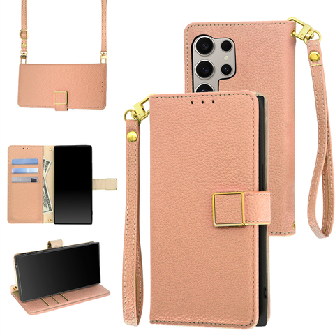 Gray Synthetic Leather Wallet with Lanyard Strap Samsung Phone Case