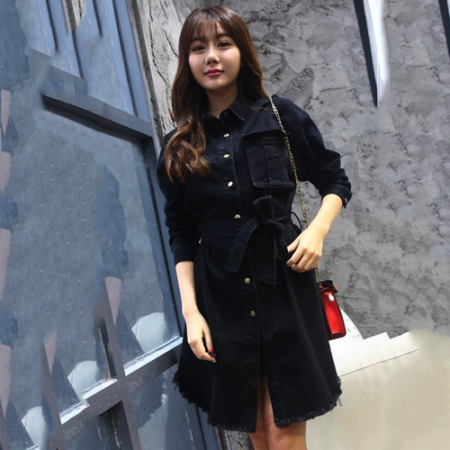 Осенний плащ, черная джинсовая длинная куртка, в корейском стиле, подходит для подростков, средней длины, городской стиль