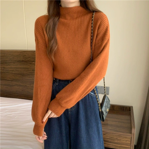 Абрикосовый цветной приятный телу осенний удерживающий тепло трикотажный свитер, высокий воротник, оверсайз