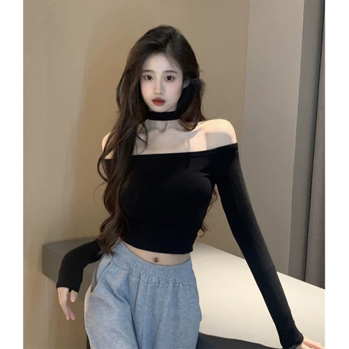 Базовый лонгслив, сексуальная короткая футболка, открытые плечи, осенний, городской стиль