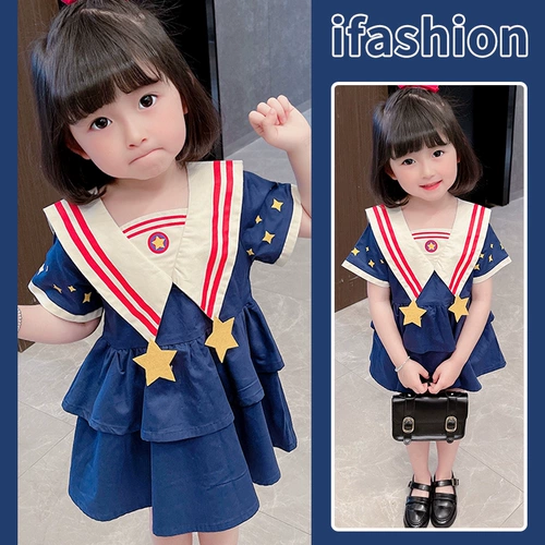 Военно-морское хлопковое платье, летняя летняя одежда для девочек, костюм для детского сада, в западном стиле