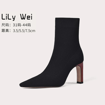 taobao agent Black elastic warm low boots high heels, plus size