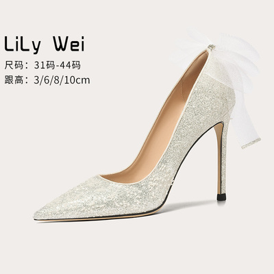 taobao agent Lily wei French high -heeled shoes female fairy style net gauze bow wedding banquet shoes large size women's shoes 41 43 beautiful