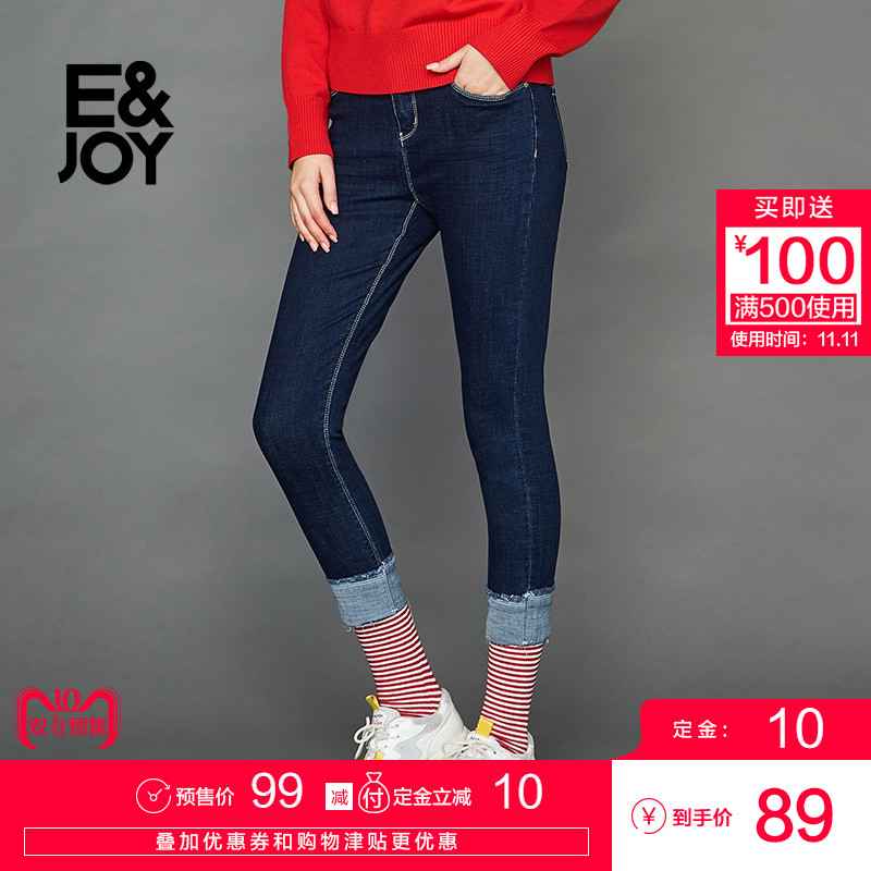 【预售】艾格E＆joy2018冬季新款女ins风修身牛仔长裤8E082306541