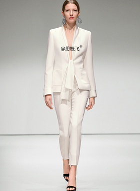 思概飞高级定制欧美大牌16秋廓形时尚金色重工钉珠黑色西装套装女