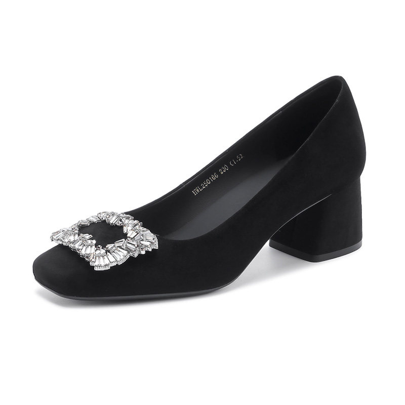 双倍礼金！哈森水钻方扣浅口单鞋粗高跟女鞋