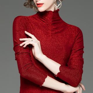 时尚亮丝打底衫女长袖T恤冬季新款洋气红色修身网纱上衣百搭小衫