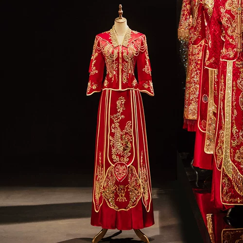 V -neck Show 2023 Новая невеста китайский тяжелый работник свадьба свадебное свадебное xihe женское стройное свадебное платье Пара свадебное платье