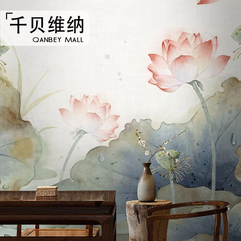 新中式電視背景牆壁紙荷花牆紙客廳牆布中國風蓮壁布手繪壁畫玄關