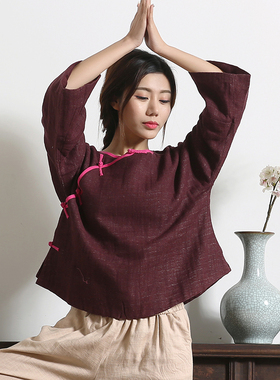 衣言堂民族风中式立领斜襟盘扣女装 亚麻长袖改良唐装新款女