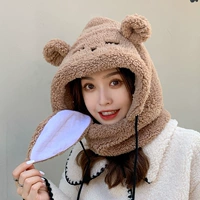 Шапка, демисезонный милый бархатный удерживающий тепло шарф с капюшоном, в корейском стиле, с медвежатами