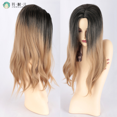 taobao agent Fenneer European and American ladies are divided into black hair root gradient flax brown whole fake hair cos net red wig