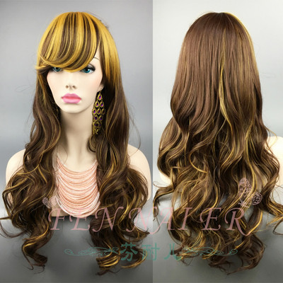 taobao agent Fenny's fashion long curly hair, high temperature silk yellow mixed brown European and American long -haired ladies daily cos whole wig