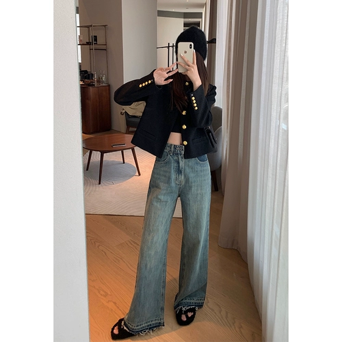 Fayeye Self -Maded осень и зима без потери веса. Ниша серия должна быть широко -грудными джинсовыми джинсами женщин с высокой талией высокой талию.