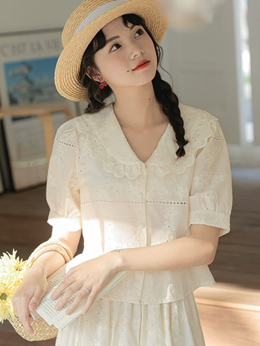 Японская ретро кружевная летняя короткая дизайнерская рубашка, с вышивкой, короткий рукав, тренд сезона