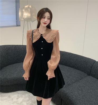 taobao agent Autumn velvet dress, doll, plus size, new collection, french style, long sleeve, doll collar, high waist