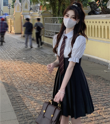 taobao agent Japanese school skirt, suspenders, fashionable dress, set, for plus size ladies, with short sleeve