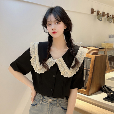 taobao agent Lace summer doll, jacket, plus size, french style, lace dress, doll collar, 2022 collection, with short sleeve
