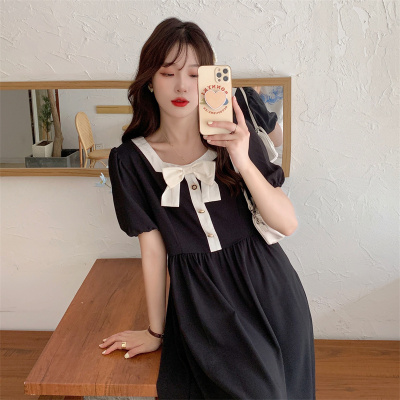 taobao agent Summer long dress, plus size, french style, with short sleeve, square neckline, mid-length, fitted