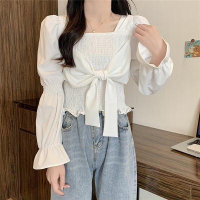 taobao agent White demi-season fitted sexy jacket, plus size, french style, square neckline, long sleeve
