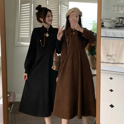 taobao agent Retro corduroy demi-season dress, plus size, French retro style, fitted