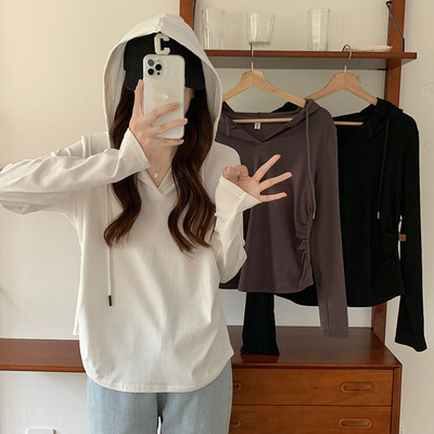 taobao agent Black autumn T-shirt with hood, jacket, plus size, long sleeve, fitted