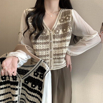 taobao agent Retro shiffon knitted autumn cardigan, top, plus size, fitted