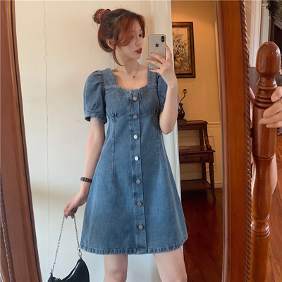 taobao agent Denim skirt, summer retro dress, plus size, square neckline, puff sleeves, fitted