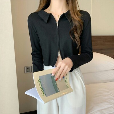 taobao agent Demi-season T-shirt with zipper, cardigan, jacket, top, plus size, polo collar, long sleeve, fitted