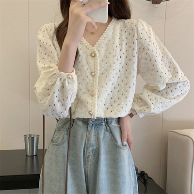 taobao agent Sexy autumn top, plus size, V-neckline, long sleeve, fitted, french style