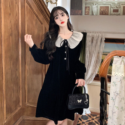 taobao agent Design doll, velvet black dress, plus size, trend of season, doll collar, A-line