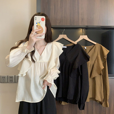 taobao agent Autumn doll, top, V-neckline, long sleeve, plus size, fitted