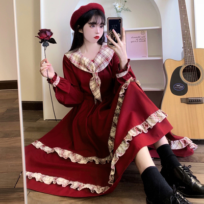 taobao agent Red demi-season small princess costume, navy dress, for plus size ladies, Lolita style