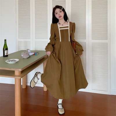 taobao agent Autumn sexy dress, fitted brace, long skirt, plus size, french style, square neckline, mid-length