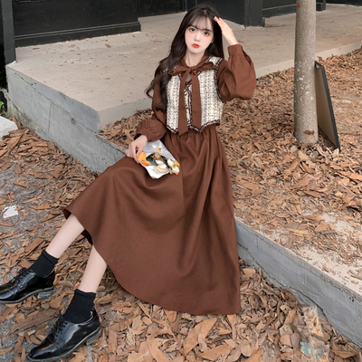 taobao agent Retro advanced corduroy dress, autumn demi-season set, vest, plus size, French retro style, high-quality style, fitted