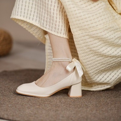 taobao agent Mary Zhen shoes thick heel 2022 new elegant princess shoes Fairy bridesmaid shoes gentle white high heels