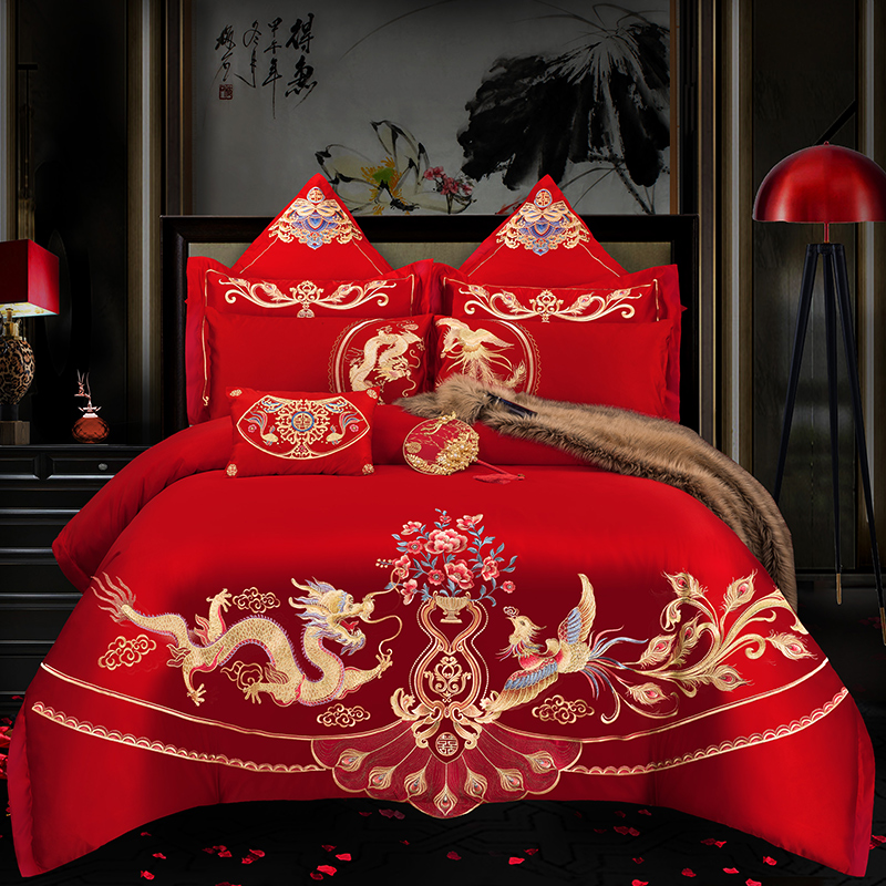 hengyuanxiang all cotton wedding four piece set red bed sheet xi quilt cover wedding room bedding pure cotton wedding bed goods