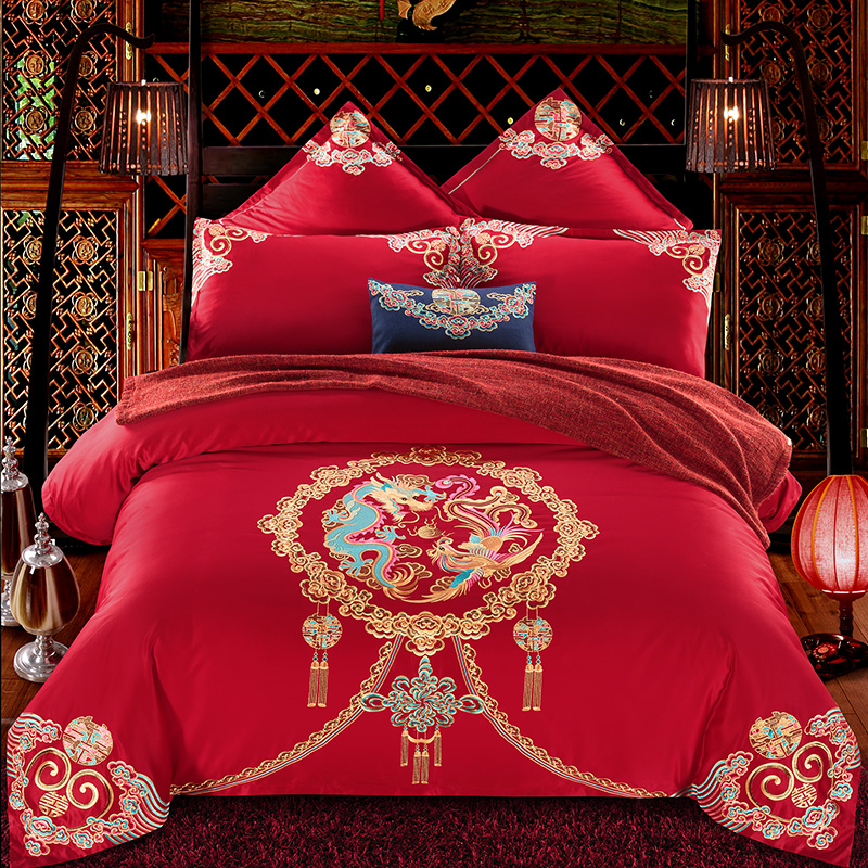 hengyuanxiang all cotton wedding four piece set red bed sheet xi quilt cover wedding room bedding pure cotton wedding bed goods