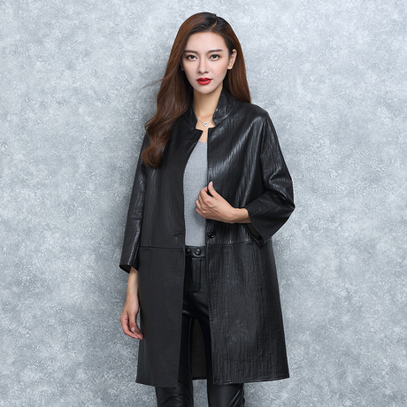 欧洲站海宁真皮皮衣女中长款 绵羊皮风衣外套2016秋季新款七分袖