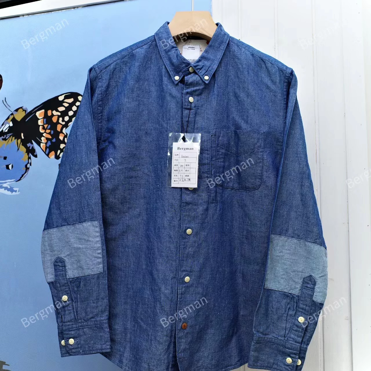[现货 VISVIM KERCHIEF BORDER补丁拼接长袖衬衫14款尖领休闲衬衣]