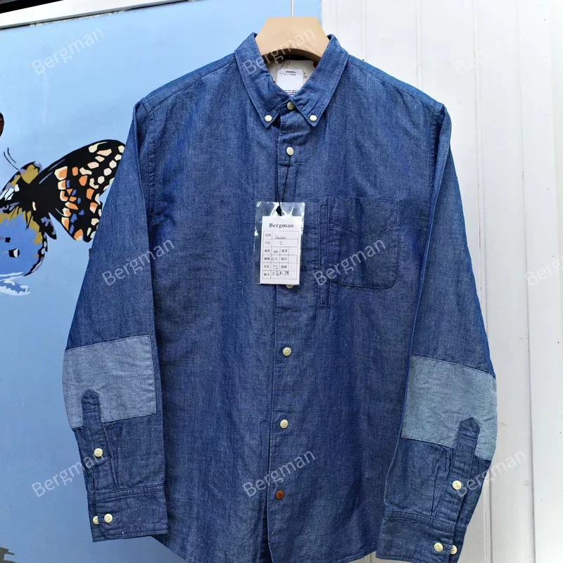 [现货 VISVIM KERCHIEF BORDER补丁拼接长袖衬衫14款尖领休闲衬衣]