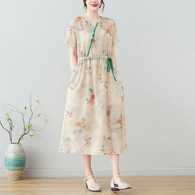 taobao agent Brand cheongsam, long skirt, summer dress, Chinese style, floral print, cotton and linen