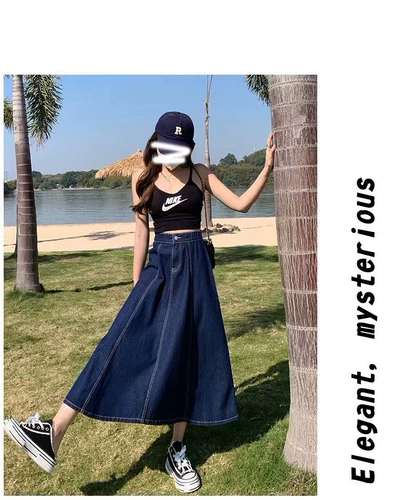 Синяя джинсовая юбка, длинная юбка, высокая талия, подходит для подростков, по фигуре, средней длины