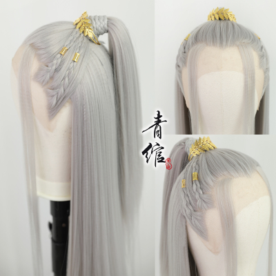 taobao agent Green 绾 costume hand hooks silver -colored male beauty front lace hand -woven film and television with Han clothing ancient style cos wig