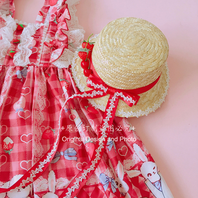 taobao agent Japanese sweet girl lolita hand -made hat AP simulation cherry strawberry bow long float lace straw hat
