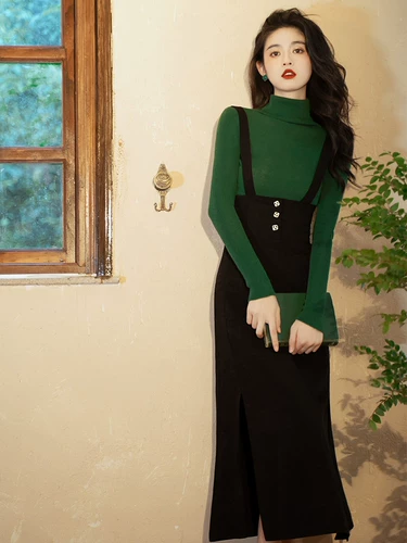 Свитер, черный корсет, платье, осенний ретро комплект, французский ретро стиль