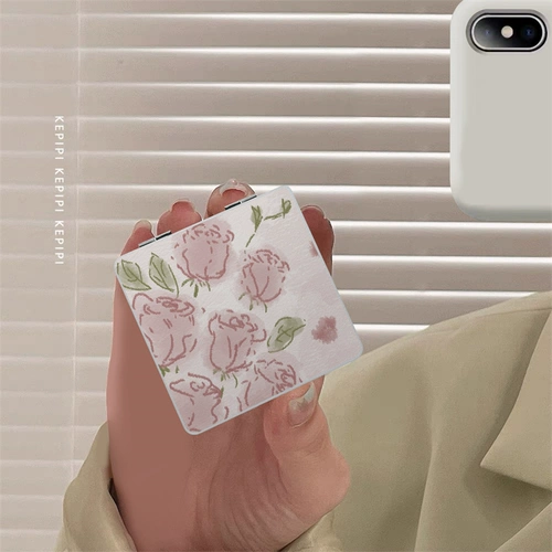 Розовая роза, картина маслом, портативное зеркало для макияжа, портативное зеркало, студенческое складное двустороннее зеркало, мини-квадратное милое общежитие