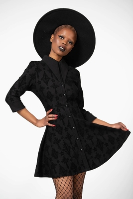 taobao agent Killstar Gothic retro dark punk hot girl black cross shelf print lapel long -sleeved dress